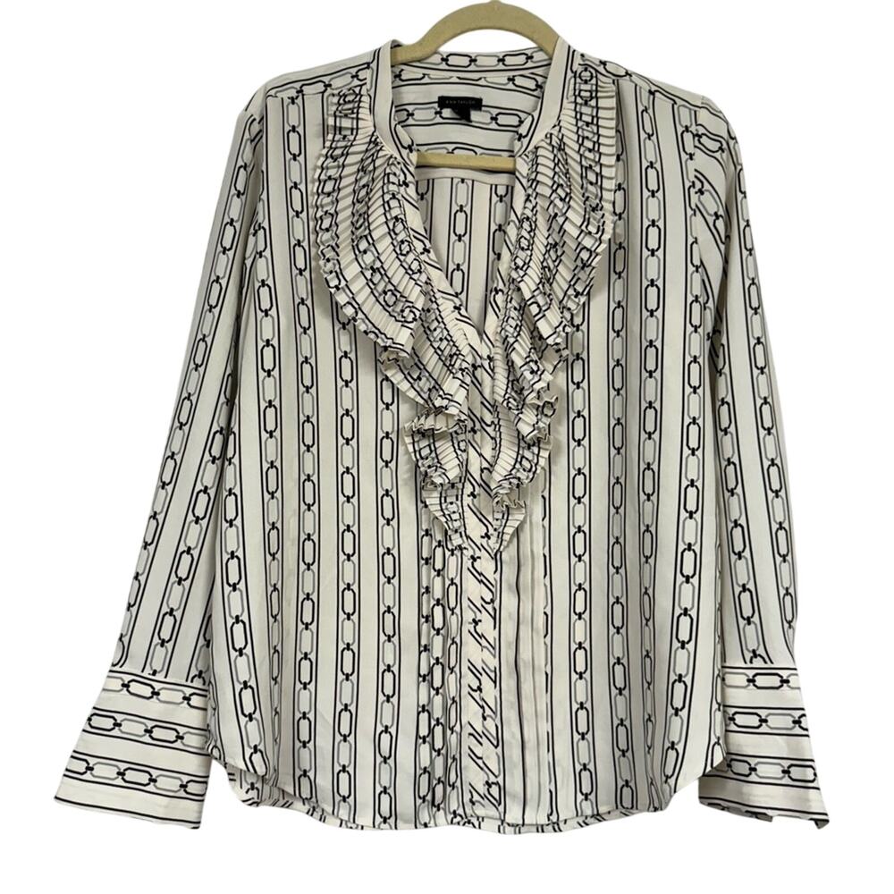 Ann Taylor Black & White Printed Ruffled Blouse Women’s S Preppy Long Sleeve Top